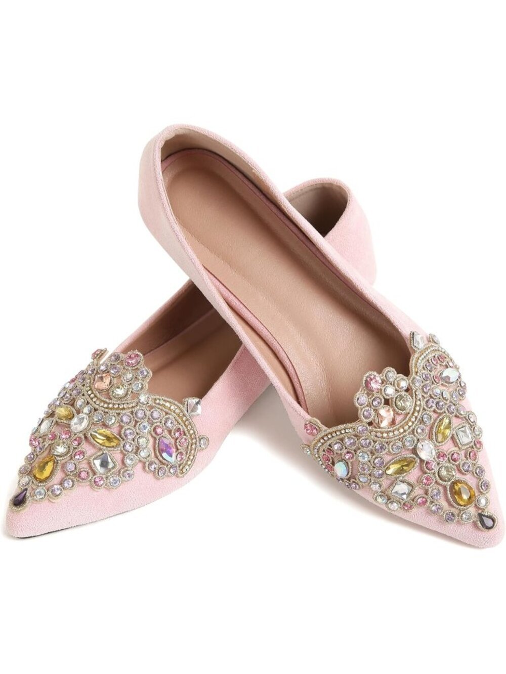 Women's Pink Slip on Low Heel Bling Rhinestone Flats Pointed Comfort Shoes